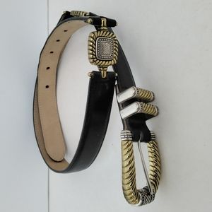 BRIGHTON BLACK LEATHER BELT WOMEN’S M SILVER/GOLD TONE BUCKLE & HINGED FITTINGS